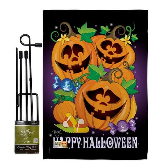 Breeze Decor BD-HO-GS-112049-IP-BO-D-US09-BD 13 x 18.5 in. Happy Pumpkins Fall Halloween Vertical Double Sided Mini Garden Flag Set with Banner Pole
