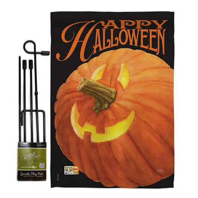 Breeze Decor BD-HO-GS-112057-IP-BO-D-US12-AM 13 x 18.5 in. Jack O Lantern Fall Halloween Vertical Double Sided Mini Garden Flag Set with Banner Pole