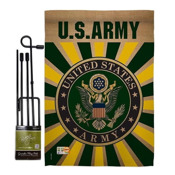Breeze Decor BD-MI-GS-108396-IP-BO-D-US18-UA 13 x 18.5 in. Army Burlap Americana Military Impressions Decorative Vertical Double Sided Garden Flag Set with Banner Pole