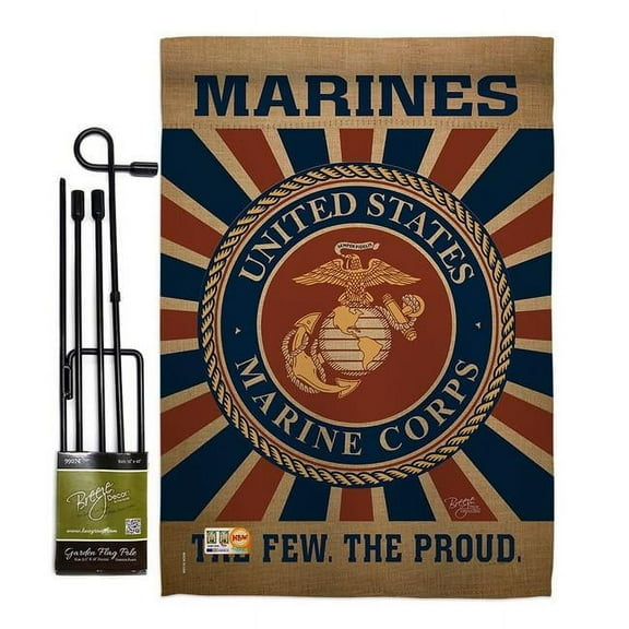 Breeze Decor BD-MI-GS-108398-IP-BO-D-US18-MC 13 x 18.5 in. Marine Corps Burlap Americana Military Impressions Decorative Vertical Double Sided Garden Flag Set with Banner Pole