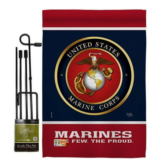 Breeze Decor BD-MI-GS-108406-IP-BO-D-US18-MC 13 x 18.5 in. Proud Marine Corps Americana Military Impressions Decorative Vertical Double Sided Garden Flag Set with Banner Pole