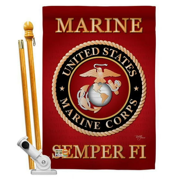 Breeze Decor BD-MI-HS-108057-IP-BO-D-US10-MC 28 x 40 in. Marine Corps Americana Military Impressions Decorative Vertical Double Sided House Flag Set with Pole Bracket Hardware
