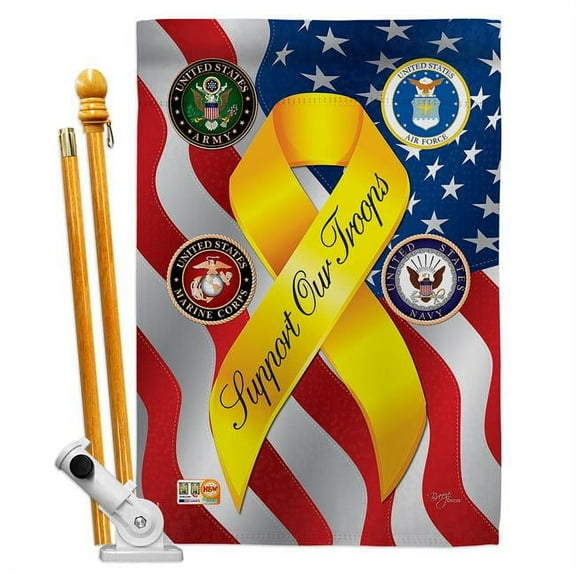 Breeze Decor BD-MI-HS-108060-IP-BO-D-US10-UM 28 x 40 in. Support Our Troops Freedom Americana Military Impressions Decorative Vertical Double Sided House Flag Set with Pole Bracket Hardware