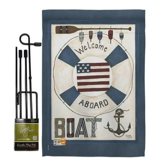 Breeze Decor BD-NA-GS-107054-IP-BO-D-US18-SB 13 x 18.5 in. Welcome Aboard Coastal Nautical Impressions Decorative Vertical Double Sided Garden Flag Set with Banner Pole