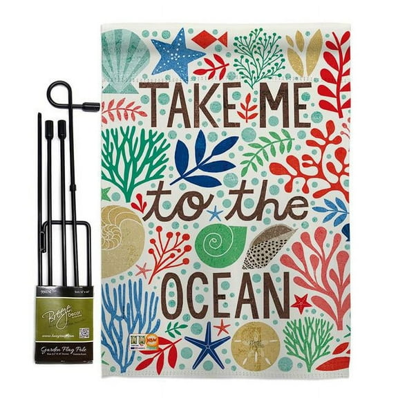 Breeze Decor BD-NA-GS-107066-IP-BO-D-US18-WA 13 x 18.5 in. Take Me to the Ocean Coastal Nautical Impressions Decorative Vertical Double Sided Garden Flag Set with Banner Pole