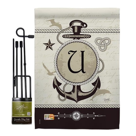 Breeze Decor BD-NA-GS-130203-IP-BO-D-US14-BD 13 x 18.5 in. Nautical U Initial Coastal Impressions Decorative Vertical Double Sided Garden Flag Set with Banner Pole