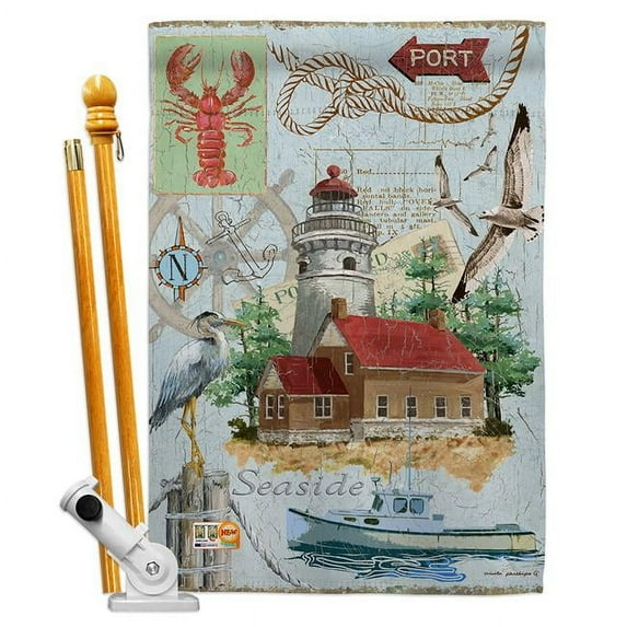 Breeze Decor BD-NA-HS-107053-IP-BO-D-US18-SB 28 x 40 in. Seaside Lighthouse Coastal Nautical Impressions Decorative Vertical Double Sided House Flag Set & Pole Bracket Hardware