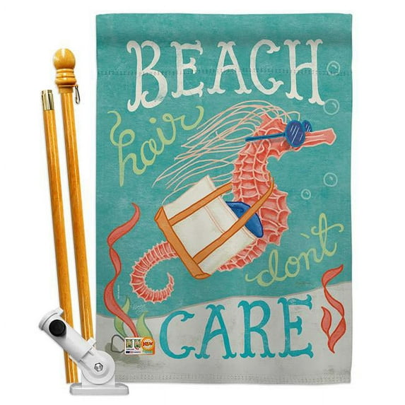 Breeze Decor BD-NA-HS-107061-IP-BO-D-US18-WA 28 x 40 in. Seahorse Beach Hair Coastal Nautical Impressions Decorative Vertical Double Sided House Flag Set & Pole Bracket Hardware