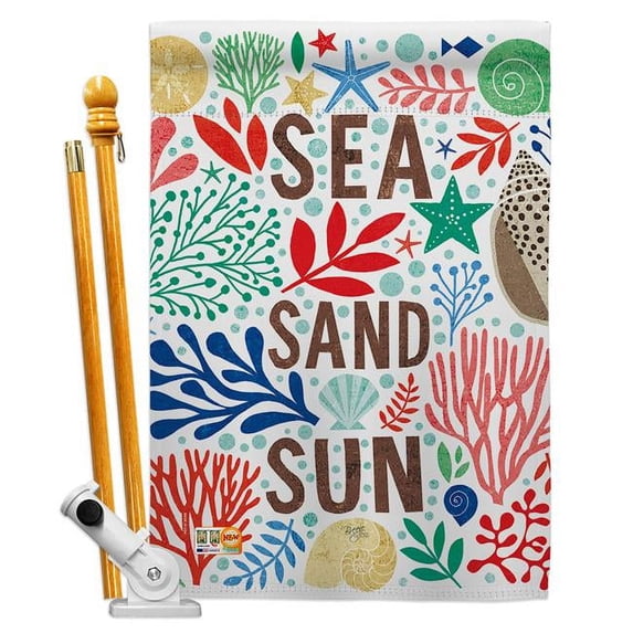 Breeze Decor BD-NA-HS-107065-IP-BO-D-US18-WA 28 x 40 in. Sea Sand Sun Coastal Nautical Impressions Decorative Vertical Double Sided House Flag Set & Pole Bracket Hardware