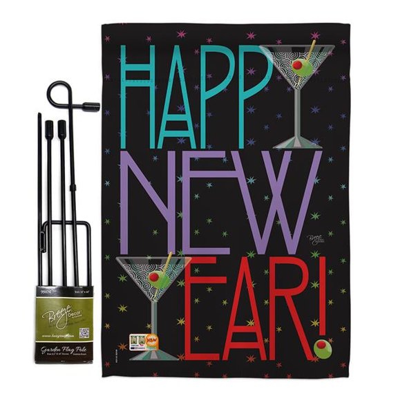 Breeze Decor BD-NE-GS-116009-IP-BO-D-US10-AM 13 x 18.5 in. New Year Martini Winter Impressions Decorative Vertical Double Sided Garden Flag Set with Banner Pole