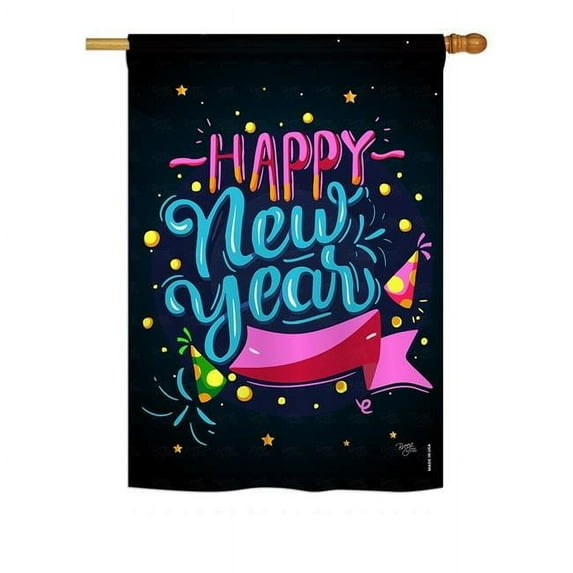 Breeze Decor BD-NE-H-116010-IP-BO-D-US17-BD H116010-BO Popping Happy New Year Winter Impressions Decorative Vertical 28 x 40 in. Double Sided House Flag