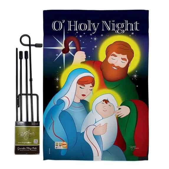 Breeze Decor BD-NT-GS-114077-IP-BO-D-IM10-BD 13 x 18.5 in. O Holy Night Winter Nativity Impressions Decorative Vertical Double Sided Garden Flag Set with Banner Pole Included