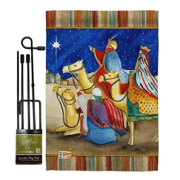 Breeze Decor BD-NT-GS-114213-IP-BO-D-US18-WA 13 x 18.5 in. Three Kings Winter Nativity Impressions Decorative Vertical Double Sided Garden Flag Set with Banner Pole