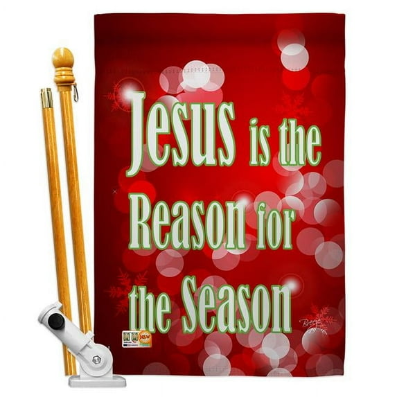 Breeze Decor BD-NT-HS-114099-IP-BO-D-US12-BD 28 x 40 in. Jesus is the Reason Winter Nativity Impressions Decorative Vertical Double Sided House Flag Set & Pole Bracket Hardware