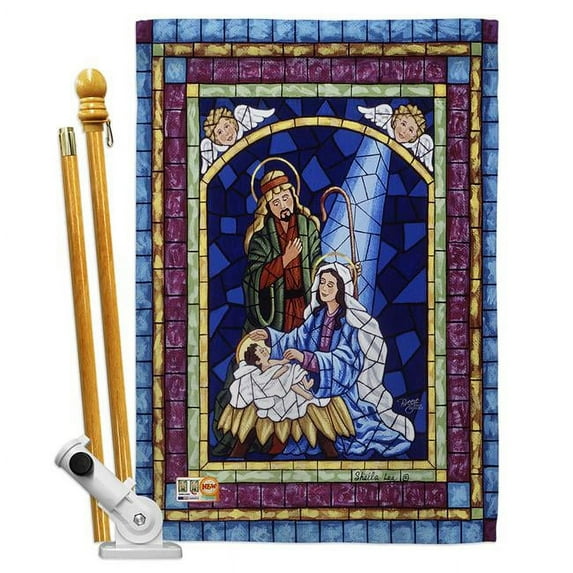 Breeze Decor BD-NT-HS-114123-IP-BO-D-US16-AL 28 x 40 in. Stained Glass Nativity Winter Impressions Decorative Vertical Double Sided House Flag Set & Pole Bracket Hardware