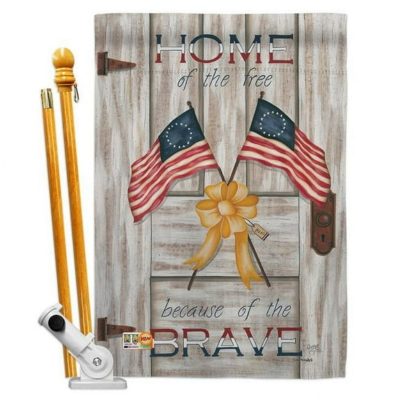 Breeze Decor BD-PA-HS-111055-IP-BO-D-US12-PL 28 x 40 in. Home of the Free Americana Patriotic Impressions Decorative Vertical Double Sided House Flag Set & Pole Bracket Hardware
