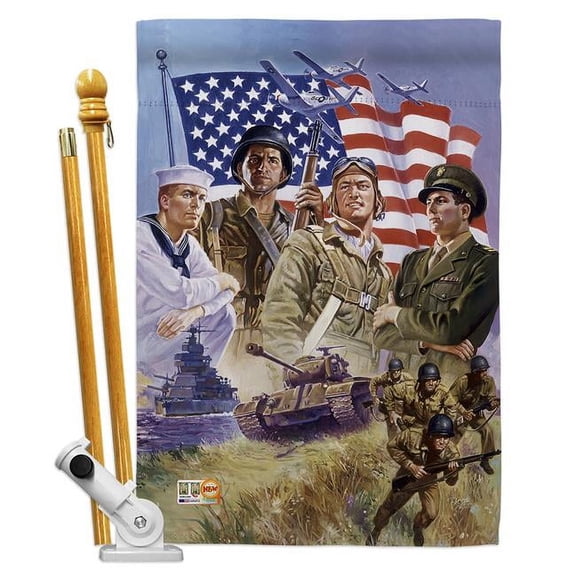 Breeze Decor BD-PA-HS-111072-IP-BO-D-US16-AL 28 x 40 in. The Armed Forces Americana Patriotic Impressions Decorative Vertical Double Sided House Flag Set & Pole Bracket Hardware