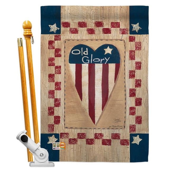 Breeze Decor BD-PA-HS-111082-IP-BO-D-US18-SB 28 x 40 in. Old Glory Heart Americana Patriotic Impressions Decorative Vertical Double Sided House Flag Set & Pole Bracket Hardware