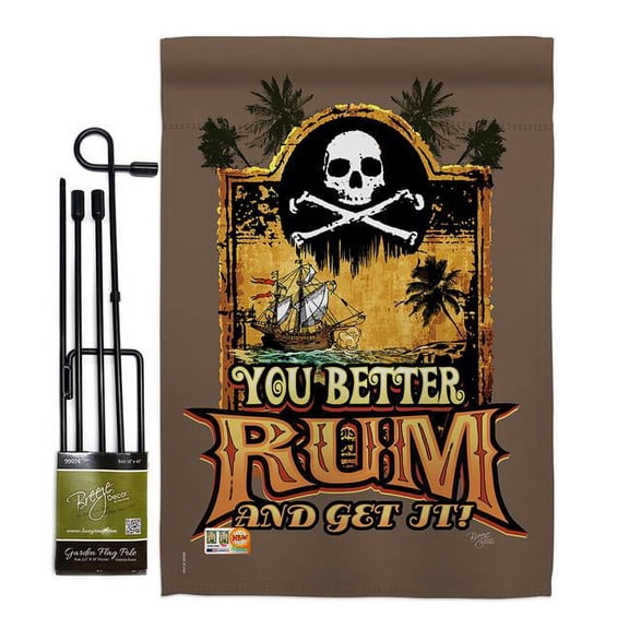 Breeze Decor BD-PI-GS-107029-IP-BO-D-US12-SB 13 x 18.5 in. You Better Rum & Get It Coastal Pirate Impressions Decorative Vertical Double Sided Garden Flag Set with Banner Pole