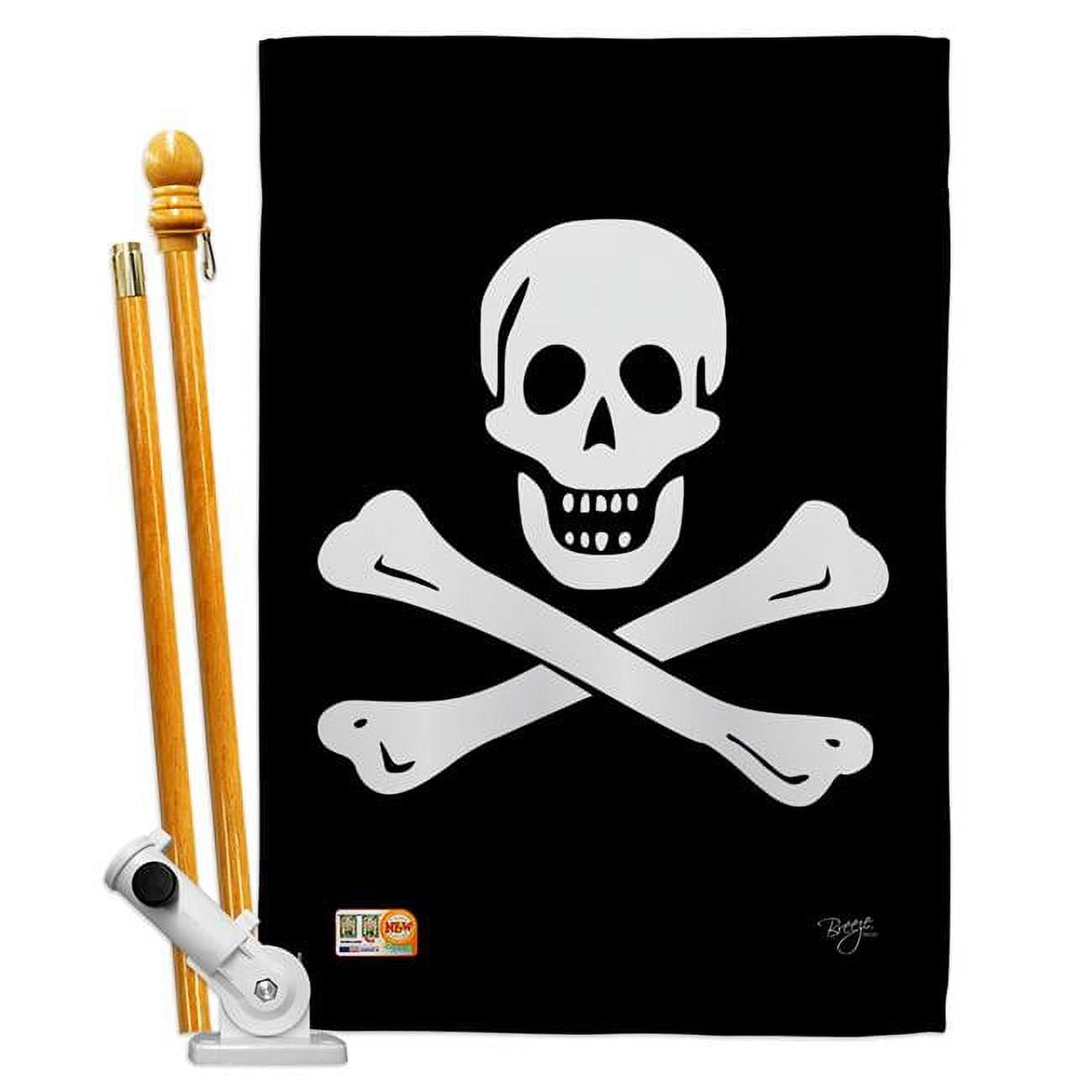 Large Black Pirate Flag Set with Wooden Pole and Bracket