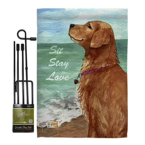 Breeze Decor BD-PT-GS-110084-IP-BO-D-US16-AL 13 x 18.5 in. Golden Stay Love Nature Pets Vertical Double Sided Mini Garden Flag Set with Banner Pole