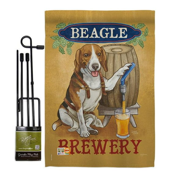 Breeze Decor BD-PT-GS-110101-IP-BO-D-US18-WA 13 x 18.5 in. Beagle Brewery Nature Pets Vertical Double Sided Mini Garden Flag Set with Banner Pole