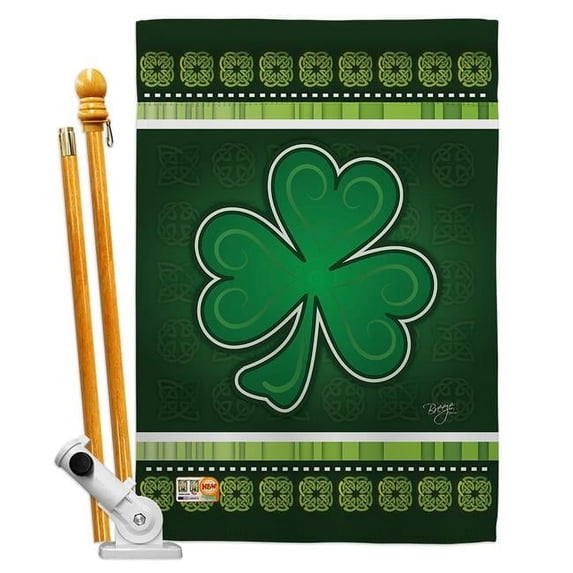 Breeze Decor BD-SA-HS-102026-IP-BO-D-US09-BD 28 x 40 in. Vertical Shamrock Spring St Patrick Impressions Decorative Double Sided House Flag Set with Pole & Bracket Hardware