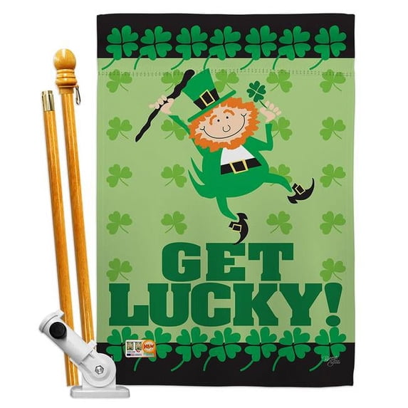 Breeze Decor BD-SA-HS-102028-IP-BO-D-US12-AM 28 x 40 in. Vertical Get Lucky Spring St Patrick Impressions Decorative Double Sided House Flag Set with Pole & Bracket Hardware