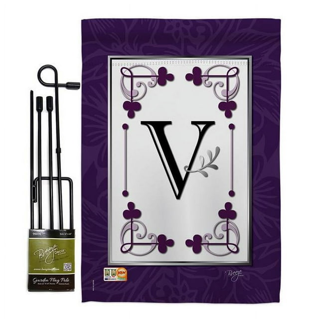 Breeze Decor BD-SB-GS-130022-IP-BO-D-US09-BD 13 x 18.5 in. Classic V Initial Interests Simply Beauty Impressions Decorative Vertical Double Sided Garden Flag Set with Banner Pole