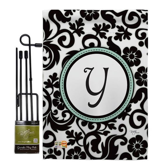Breeze Decor BD-SB-GS-130077-IP-BO-D-US09-BD 13 x 18.5 in. Damask Y Initial Interests Simply Beauty Impressions Decorative Vertical Double Sided Garden Flag Set with Banner Pole