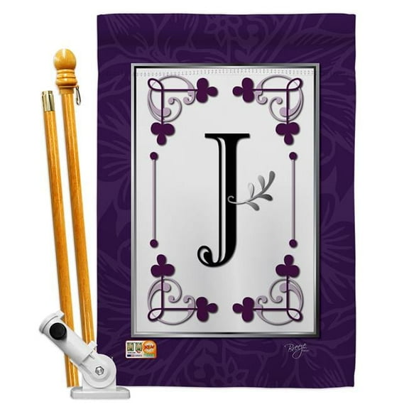 Breeze Decor BD-SB-HS-130010-IP-BO-D-US09-BD 28 x 40 in. Vertical Classic J Initial Interests Simply Beauty Impressions Decorative Double Sided House Flag Set with Pole & Bracket Hardware