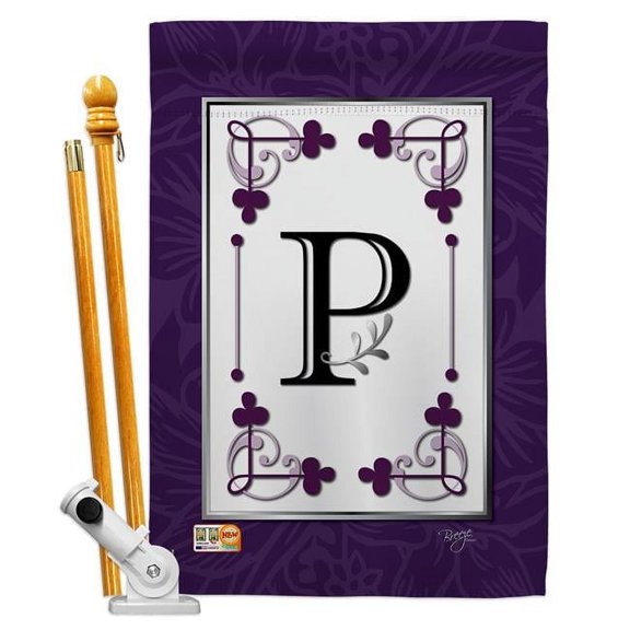 Breeze Decor BD-SB-HS-130016-IP-BO-D-US09-BD 28 x 40 in. Vertical Classic P Initial Interests Simply Beauty Impressions Decorative Double Sided House Flag Set with Pole & Bracket Hardware