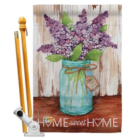 Breeze Decor BD-SH-HS-100065-IP-BO-D-US16-AL 28 x 40 in. Welcome Lilacs Home Sweet Jar Inspirational Impressions Decorative Vertical Double Sided House Flag Set with Pole Bracket Hardware