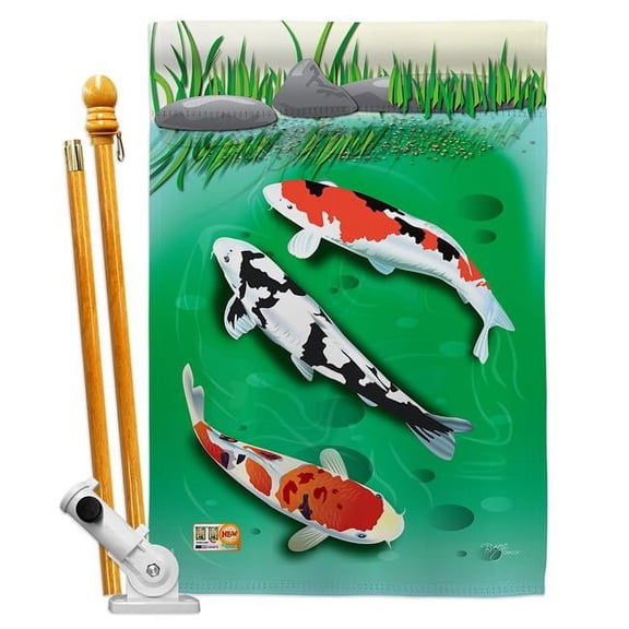 Breeze Decor BD-SM-HS-107002-IP-BO-D-US13-BD 28 x 40 in. Vertical Koi Coastal Sea Animals Impressions Decorative Double Sided House Flag Set with Pole & Bracket Hardware