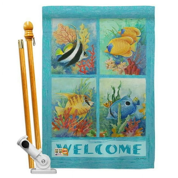 Breeze Decor BD-SM-HS-107051-IP-BO-D-US16-SB 28 x 40 in. Vertical Tropical Fish Collage Coastal Sea Animals Impressions Decorative Double Sided House Flag Set with Pole & Bracket Hardware