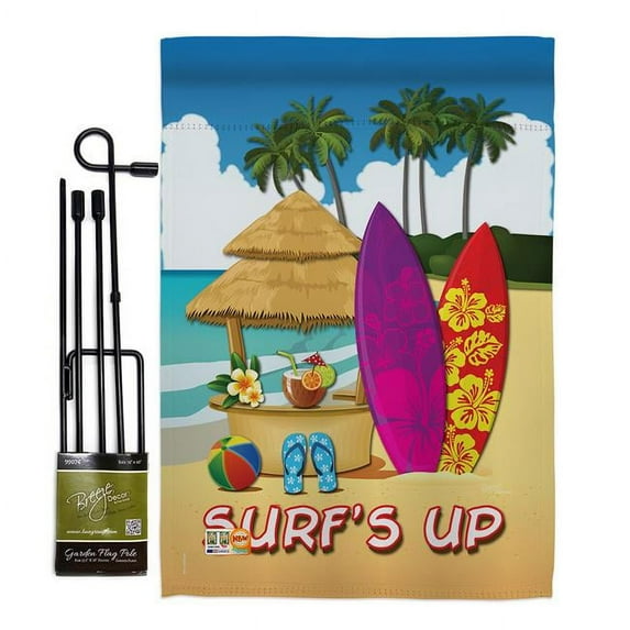 Breeze Decor BD-SU-GS-106070-IP-BO-D-US13-BD 13 x 18.5 in. Surfs Up Hut Summer Fun in the Sun Impressions Decorative Vertical Double Sided Garden Flag Set with Banner Pole