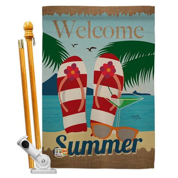 Breeze Decor BD-SU-HS-106075-IP-BO-D-US14-BD 28 x 40 in. Welcome Summer Fun in the Sun Impressions Decorative Vertical Double Sided House Flag Set with Pole Bracket & Hardware