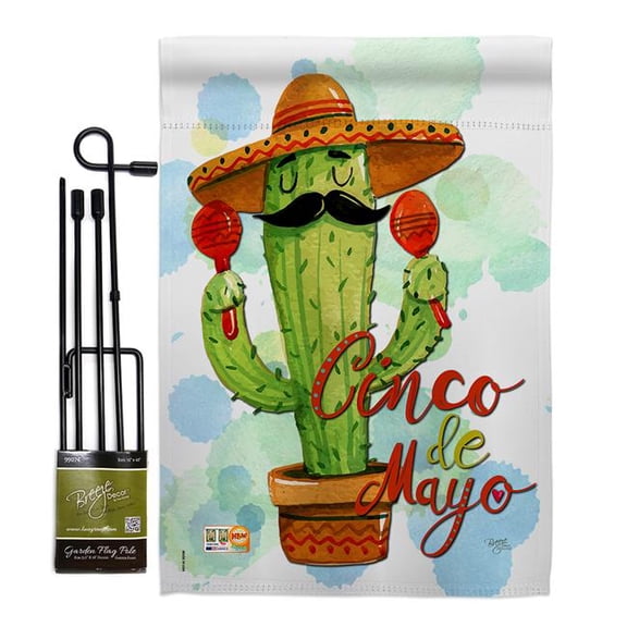 Breeze Decor BD-SW-GS-115130-IP-BO-D-US18-BD 13 x 18.5 in. Mr Cactus Cinco de Mayo Country & Primitive Southwest Impressions Decorative Vertical Double Sided Garden Flag Set with Banner Pole