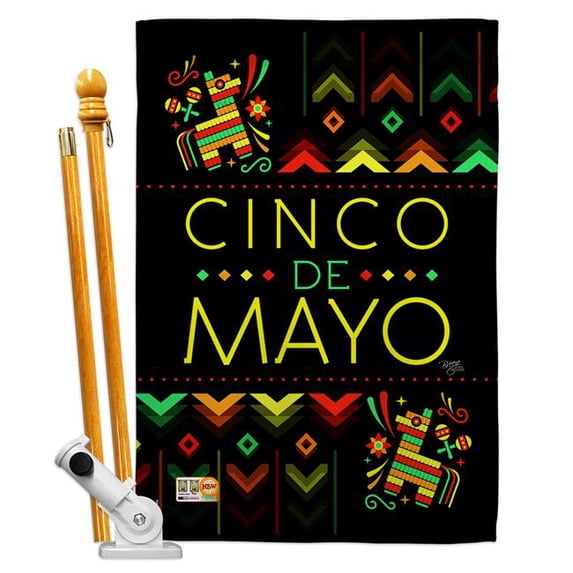 Breeze Decor BD-SW-HS-115129-IP-BO-D-US18-BD 28 x 40 in. Vertical Serape Cinco De Mayo Country & Primitive Southwest Impressions Decorative Double Sided House Flag Set with Pole & Bracket Hardware