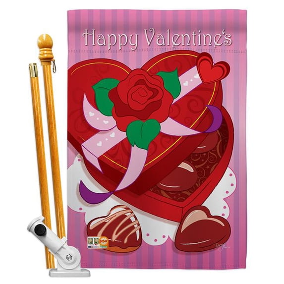 Breeze Decor BD-VA-HS-101044-IP-BO-D-IM09-BD 28 x 40 in. Chocolates Spring Valentines Impressions Decorative Vertical Double Sided House Flag Set with Pole Bracket Hardware