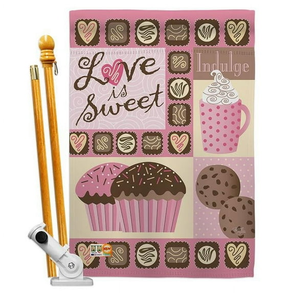 Breeze Decor BD-VA-HS-101048-IP-BO-D-US12-AM 28 x 40 in. Love is Sweet Spring Valentines Impressions Decorative Vertical Double Sided House Flag Set with Pole Bracket Hardware