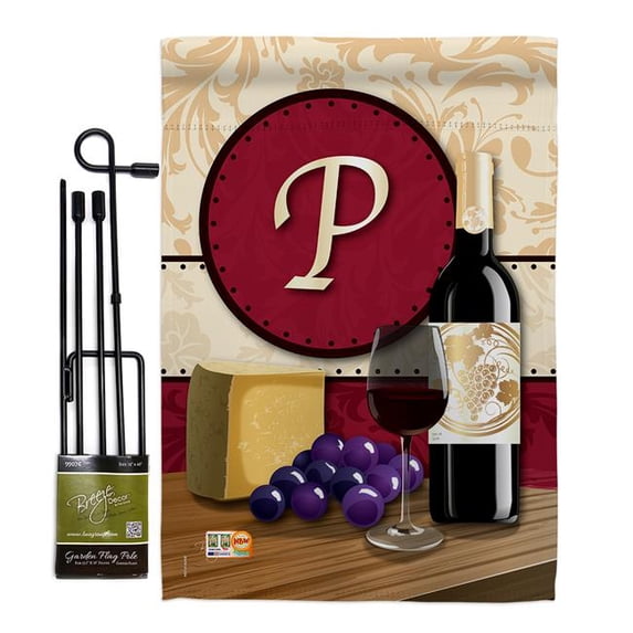 Breeze Decor BD-WI-GS-130224-IP-BO-D-US14-BD 13 x 18.5 in. Wine P Initial Happy Hour & Drinks Impressions Decorative Vertical Double Sided Garden Flag Set with Banner Pole