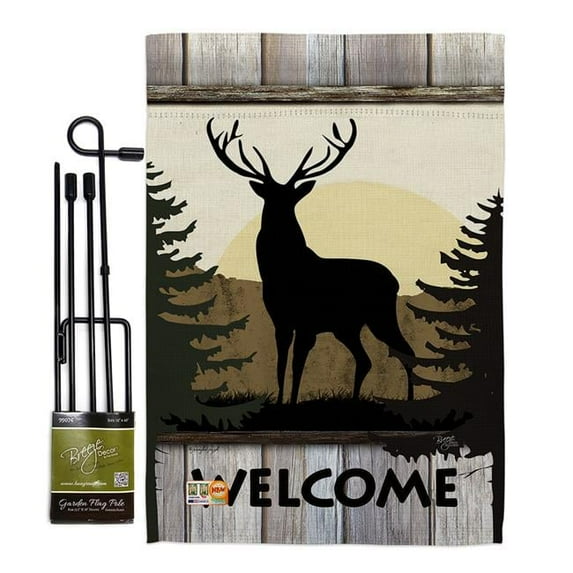 Breeze Decor BD-WL-GS-110110-IP-BO-D-US18-SB 13 x 18.5 in. Welcome Deer Nature Wildlife Vertical Double Sided Mini Garden Flag Set with Banner Pole