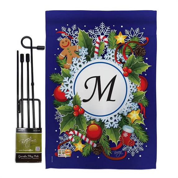 Breeze Decor BD-WT-GS-130091-IP-BO-D-US12-BD 13 x 18.5 in. Winter M Initial Wonderland Impressions Decorative Vertical Double Sided Garden Flag Set with Banner Pole