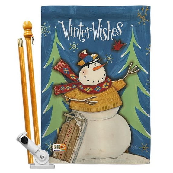 Breeze Decor BD-WT-HS-114158-IP-BO-D-US18-WA 28 x 40 in. Winter Wishes Snowman Wonderland Impressions Decorative Vertical Double Sided House Flag Set with Pole Bracket Hardware