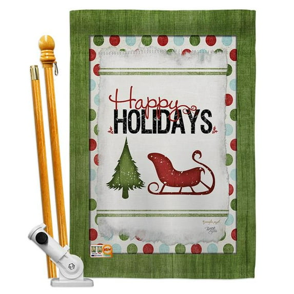 Breeze Decor BD-WT-HS-114177-IP-BO-D-US18-SB 28 x 40 in. Classic Happy Holidays Winter Wonderland Impressions Decorative Vertical Double Sided House Flag Set with Pole Bracket Hardware