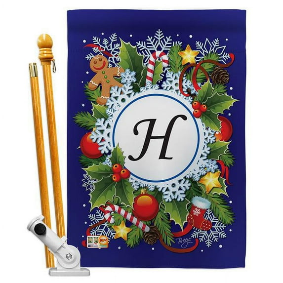 Breeze Decor BD-WT-HS-130086-IP-BO-D-US12-BD 28 x 40 in. Winter H Initial Wonderland Impressions Decorative Vertical Double Sided House Flag Set with Pole Bracket Hardware