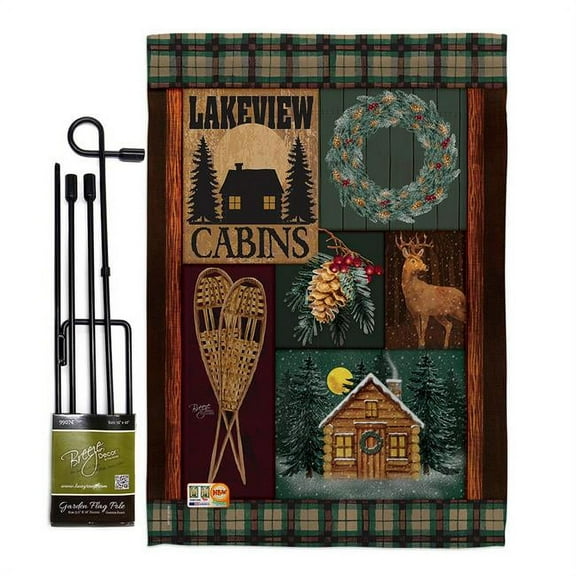 Breeze Decor BD-XM-GS-114163-IP-BO-D-US18-AM 13 x 18.5 in. Winter Lakeview Cabins Christmas Impressions Decorative Vertical Double Sided Garden Flag Set with Banner Pole