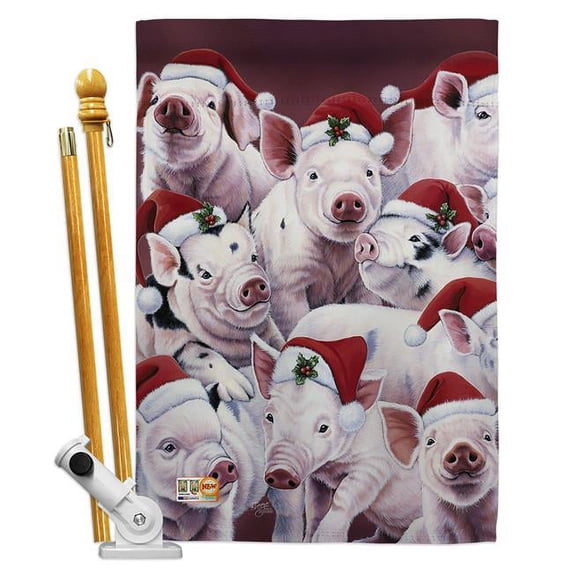 Breeze Decor BD-XM-HS-114122-IP-BO-D-US16-AL 28 x 40 in. Christmas Piggies Winter Impressions Decorative Vertical Double Sided House Flag Set & Pole Bracket Hardware
