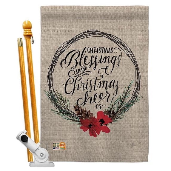 Breeze Decor BD-XM-HS-114169-IP-BO-D-US18-SB 28 x 40 in. Christmas Blessings Winter Impressions Decorative Vertical Double Sided House Flag Set & Pole Bracket Hardware